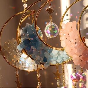 Sun catcher Crystal Chip Crescent Moon Wind Chime - Blue & Pink